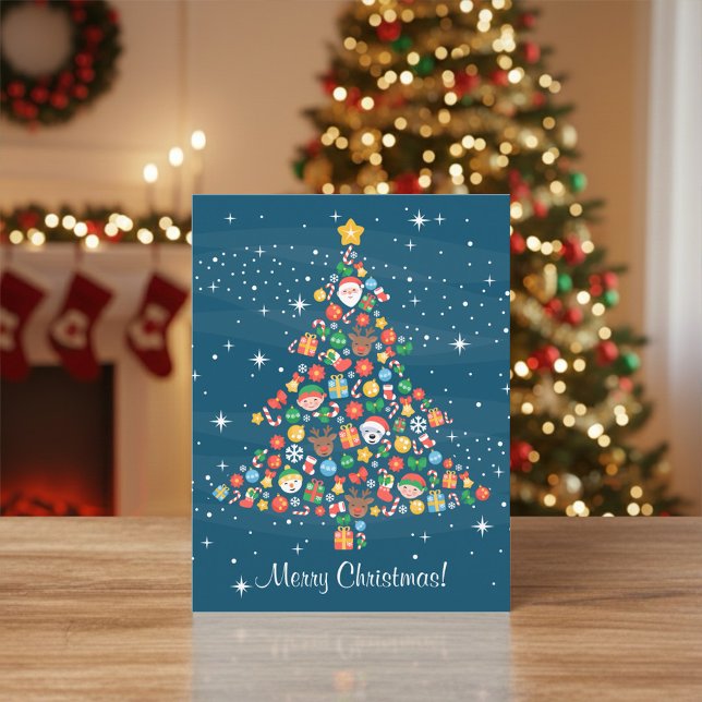 Cheerful Julgran Mönster på Blue Helg Vykort (Skapare uppladdad)
