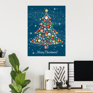 Cheerful Julgran Mönster på Blue Poster
