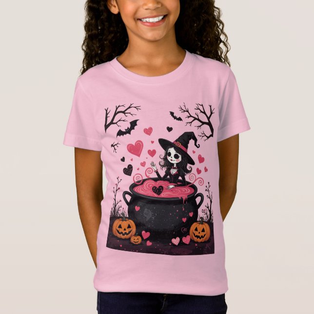 Cheerful Little Witch And A Bubbling Cauldron T Shirt (Framsida)