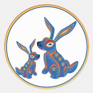 Cheerful Oaxacan Folk Art Rabbits Round Sticker Runt Klistermärke