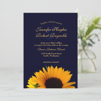 Cheerful och Elegant Navy Blue Solros Bröllop Inbjudningar