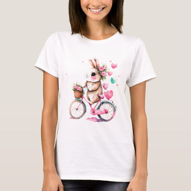 Cheerful och Romantic Bunny Rabbit på Bicycle T Shirt (Framsida)