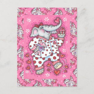 CHEERFUL PACHYDERM IN ROSA PAJAMAS, HEART CUPCAKE HELG VYKORT