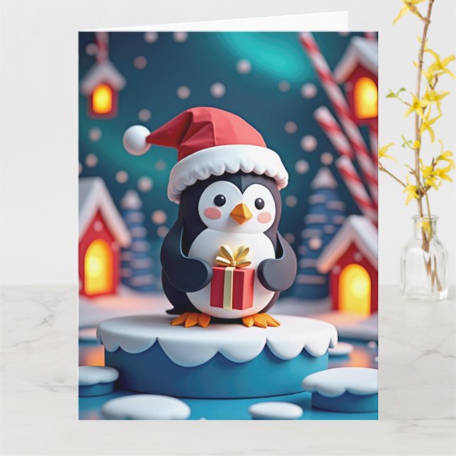 Cheerful Penguin med Gift i Snowy-julen Kort (Gul blomma)
