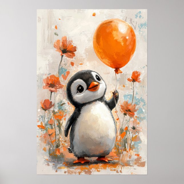 Cheerful Penguin med Orange Balloon Digital Paint Poster (Framsidan)