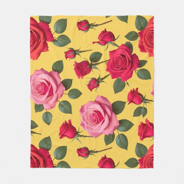 Cheerful Pink And Red Roses On A Sunny Yellow  Fleecefilt (Framsidan)
