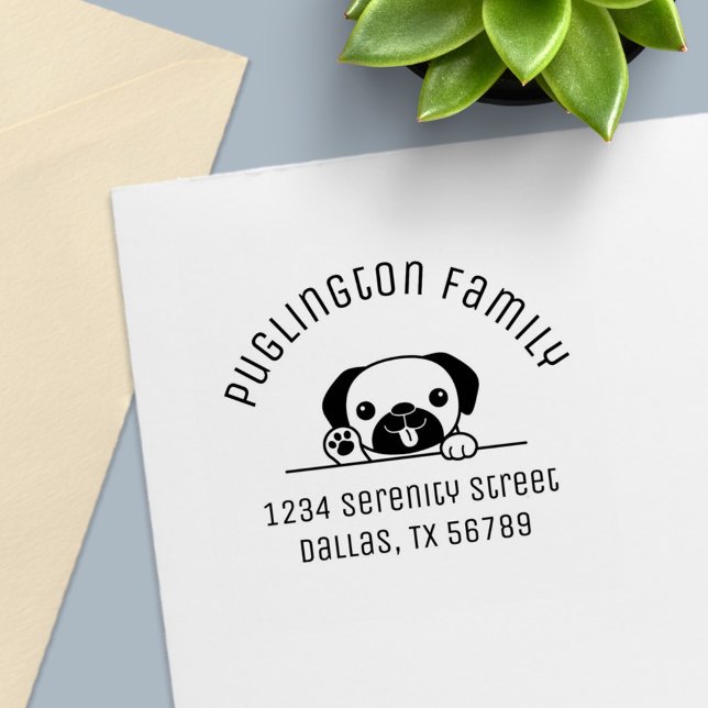 Cheerful Pug Hund Peeking Arch Adress Självfärgande Stämpel (Skapare uppladdad)