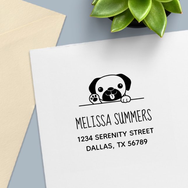 Cheerful Pug Hund Peeking ovanför Adress Självfärgande Stämpel (Skapare uppladdad)