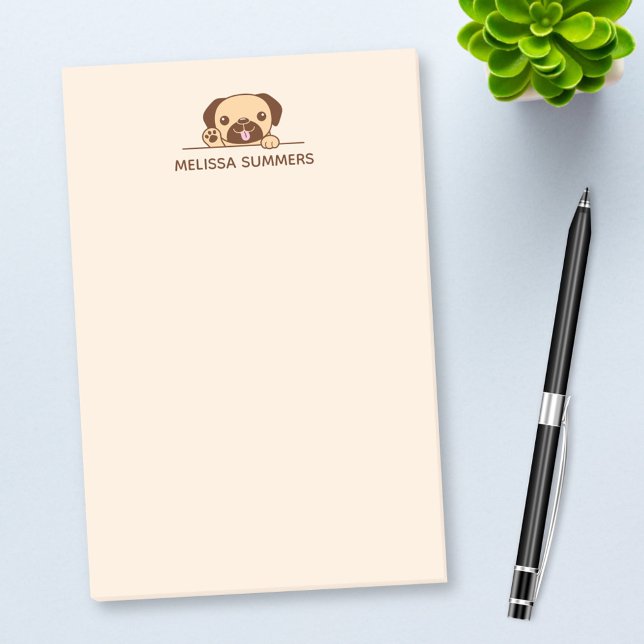 Cheerful Pug Hund Peeking ovanför eget namn Post-it Block (Skapare uppladdad)