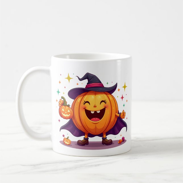 Cheerful Pumpkin Witch Mug with Halloween Fun Kaffemugg (Vänster)