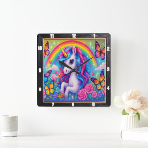 Cheerful Rainbow Unicorn Flower Fyrkantig Klocka
