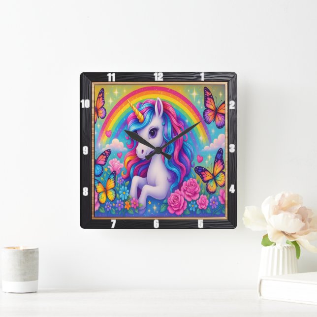 Cheerful Rainbow Unicorn Flower Fyrkantig Klocka (Hem)
