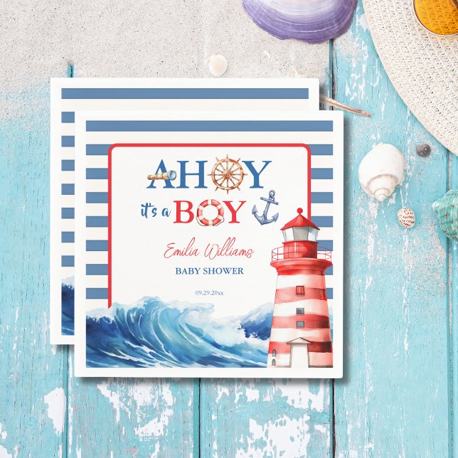 Cheerful Red Blue Maritime Waves Baby Shower Pappersservett (Skapare uppladdad)