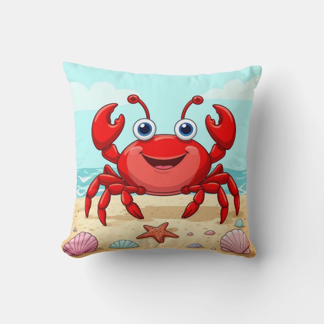 Cheerful Red Cartoon Crab Cute Seashell Kids🦀 Kudde (Framsida)
