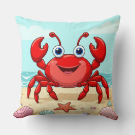 Cheerful Red Tecknad Crab på en beach med Seashell Kudde