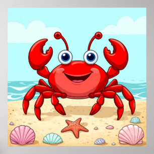 Cheerful Red Tecknad Crab på en beach med Seashell Poster