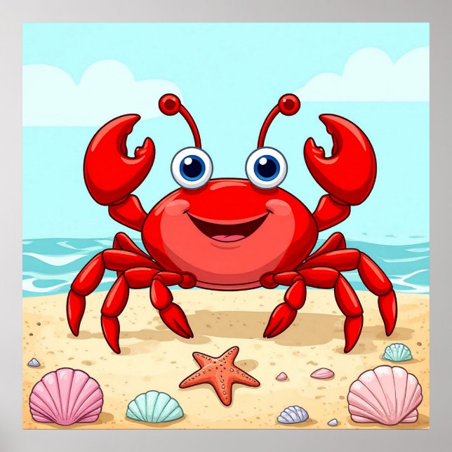 Cheerful Red Tecknad Crab på en beach med Seashell Poster (Framsidan)