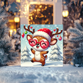 Cheerful Reindeer med Snö och prydnadsföremål Julkort