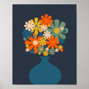 Cheerful Retro Flowers i Blå Vas Poster