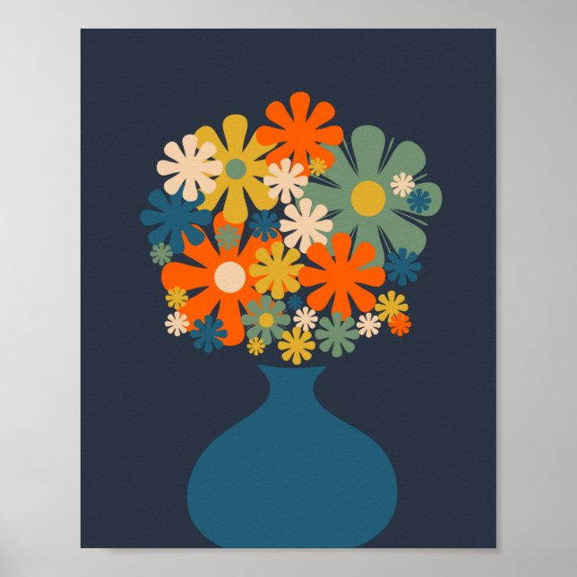 Cheerful Retro Flowers i Blå Vas Poster (Framsidan)