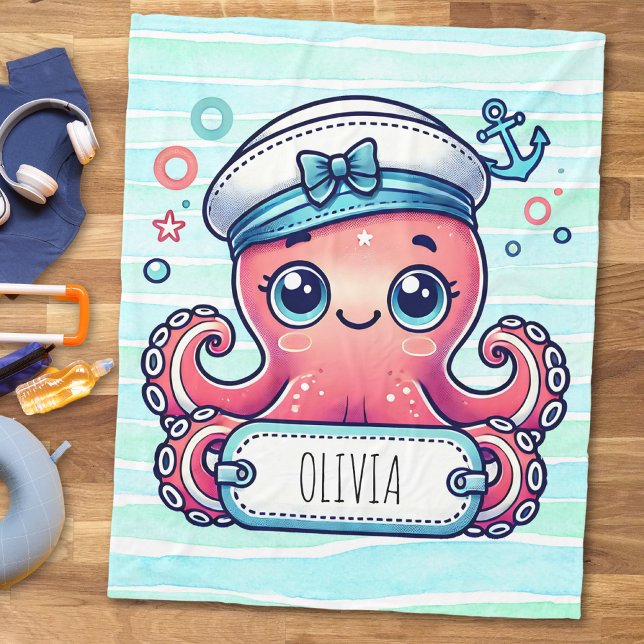 Cheerful Rosa Octopus Holding Namn Sign Fleecefilt (Skapare uppladdad)