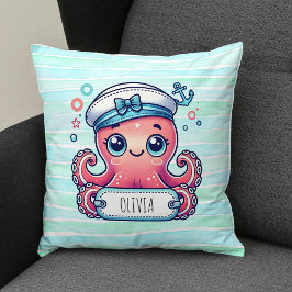 Cheerful Rosa Octopus Holding Namn Sign Kudde