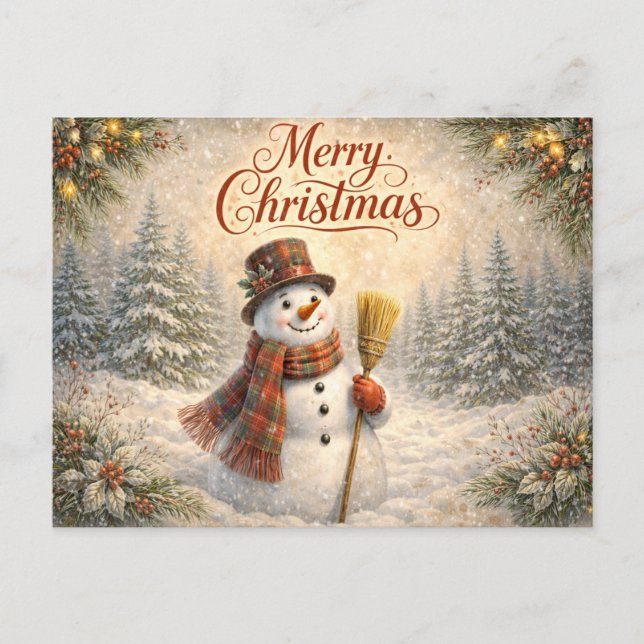 Cheerful Rustic Snowman Merry Christmas  Helg Vykort (Framsida)