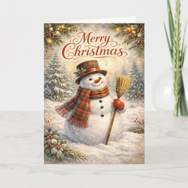 Cheerful Rustic Snowman Merry Christmas Winter Helgkort (Framsida)