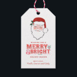 Cheerful Santa Ansikte | Märk och ljus Presentetikett<br><div class="desc">Den här julens märkre har en glad jultomte ansikte på vit bakgrund. Det står: "Önskar en Merry & Bright Julhelg." Du kan anpassa dig med ditt namn i grund. På baksidan finns ännu en samordnande rosa och röd diagonal rand mönster.</div>