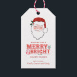 Cheerful Santa Ansikte | Märk och ljus Presentetikett<br><div class="desc">Den här julens märkre har en glad jultomte ansikte på vit bakgrund. Det står: "Önskar en Merry & Bright Julhelg." Du kan anpassa dig med ditt namn i grund. På baksidan finns ännu en samordnande rosa och röd diagonal rand mönster.</div>