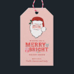Cheerful Santa Ansikte | Märk och ljus Presentetikett<br><div class="desc">Den här julens märkre har en glad jultomte ansikte på rosans bakgrund. Det står: "Önskar en Merry & Bright Julhelg." Du kan anpassa dig med ditt namn i grund. På baksidan finns ännu en samordnande rosa och röd diagonal rand mönster.</div>