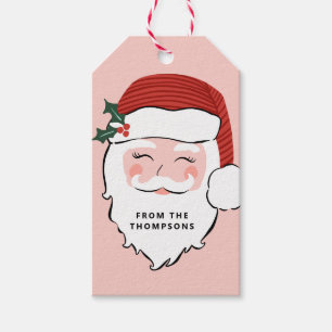 Cheerful Santa Ansikte Rosa och röd jul Presentetikett