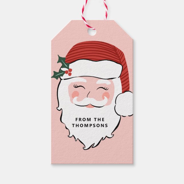 Cheerful Santa Ansikte | Rosa och röd jul Presentetikett (Framsidan)