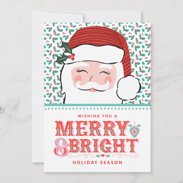 Cheerful Santa Merry & Bright | Rosa och Red Holly Julkort (Framsida)