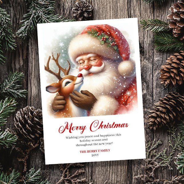 Cheerful Santa With Rudolph Fun Christmas Greeting Julkort (Cheerful Santa With Rudolph Fun Christmas Greeting Card)