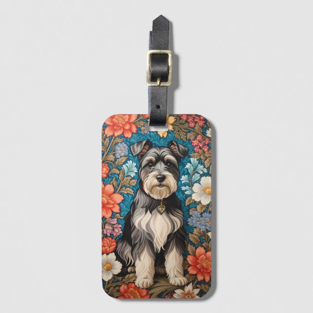 Cheerful Schnauzer William Morris Inspired Floral Bagagebricka (Framsida vertikal)