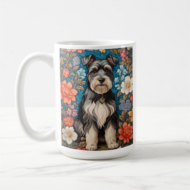 Cheerful Schnauzer William Morris Inspired Floral Kaffemugg (Vänster)
