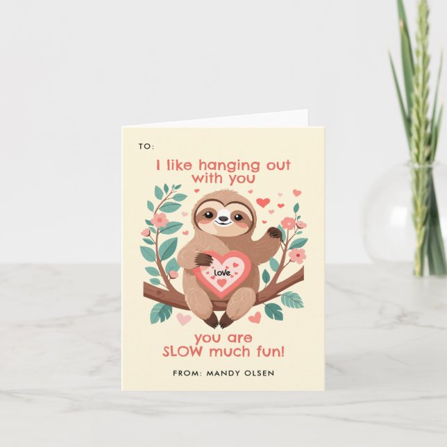 Cheerful Sloth Pun Classroom Valentine Day Anteckningskort (Framsida)