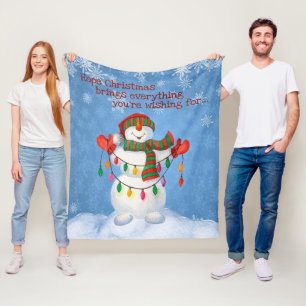Cheerful Snögubbe Holding Ljus on Snowflake Fleecefilt