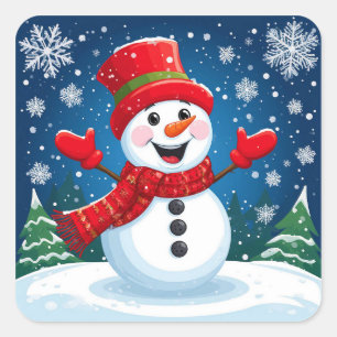 Cheerful Snögubbe i Red Scarf och Hat Fyrkantigt Klistermärke