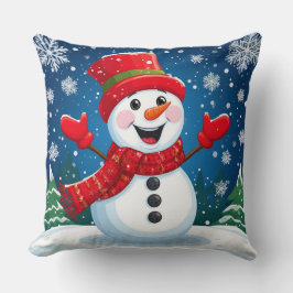 Cheerful Snögubbe i Red Scarf och Hat Kudde