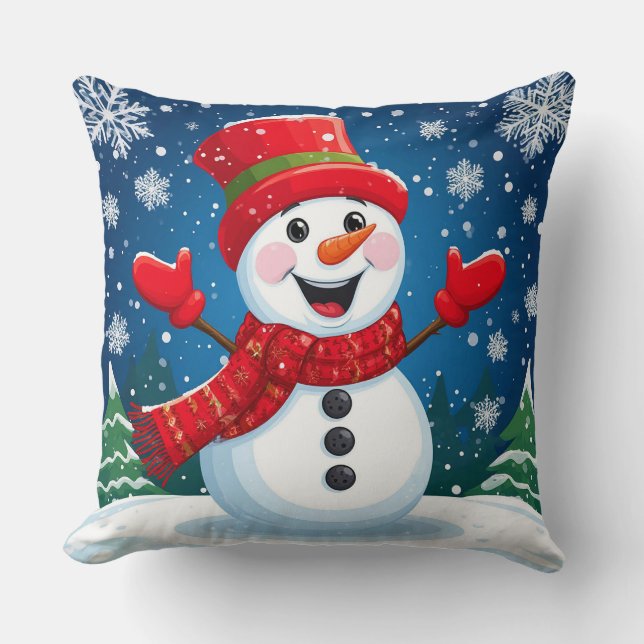 Cheerful Snögubbe i Red Scarf och Hat Kudde (Framsida)