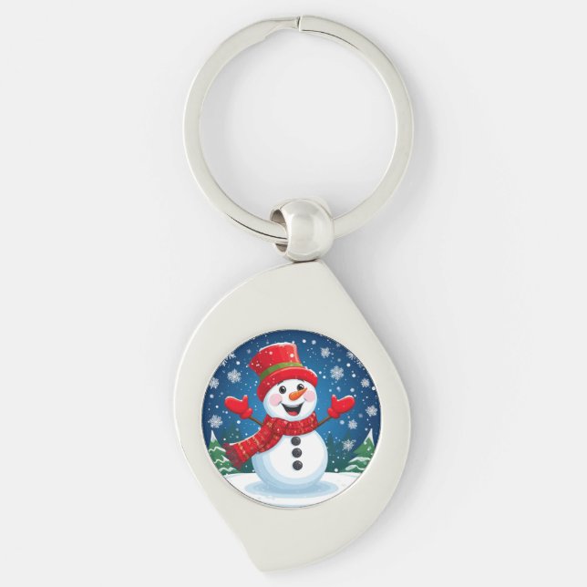Cheerful Snögubbe i Red Scarf och Hat Swirl Silverfärgad Nyckelring (Framsidan)