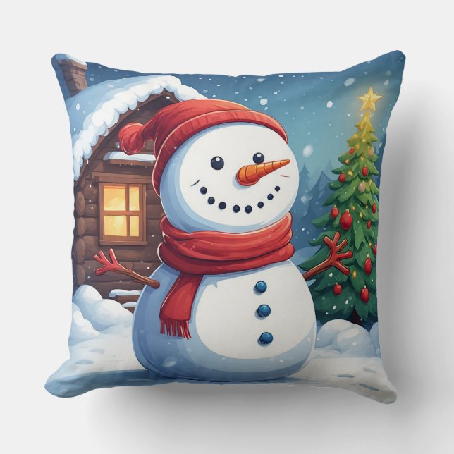 Cheerful Snögubbe med Julgran Kudde (Framsida)