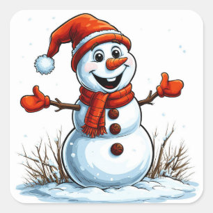 Cheerful Snögubbe, nedtryckt i Winter Hat Fyrkantigt Klistermärke