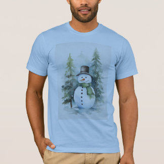 Cheerful snögubbe står på en snövinter t shirt