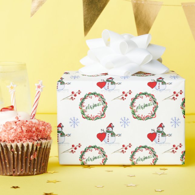 Cheerful snowman and festive wreaths pattern presentpapper (Födelsedagsfest)