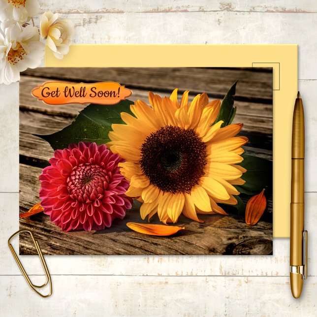 Cheerful Solros Dahlia Get well Soon Postcard Vykort (Get Well Soon Postcard featuring a sunflower and dahlia flower on a wood background)