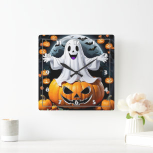 Cheerful spöke bland pumpor på Halloween-natten Fyrkantig Klocka