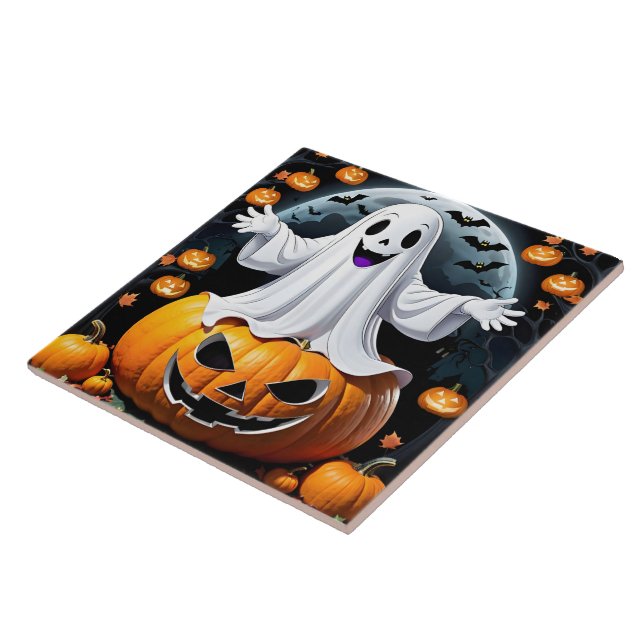Cheerful spöke bland pumpor på Halloween-natten Kakelplatta (Sidan)